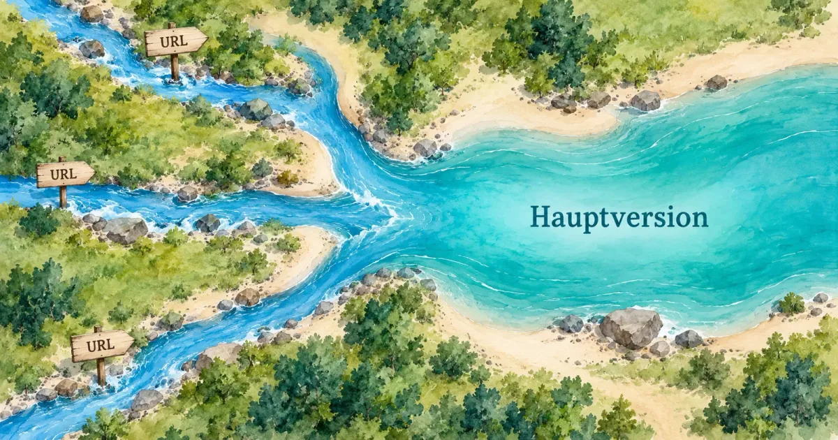 Aquarell-Metapher: Drei mit URL bezeichnete Wasserläufe vereinigen sich zur Hauptversion.