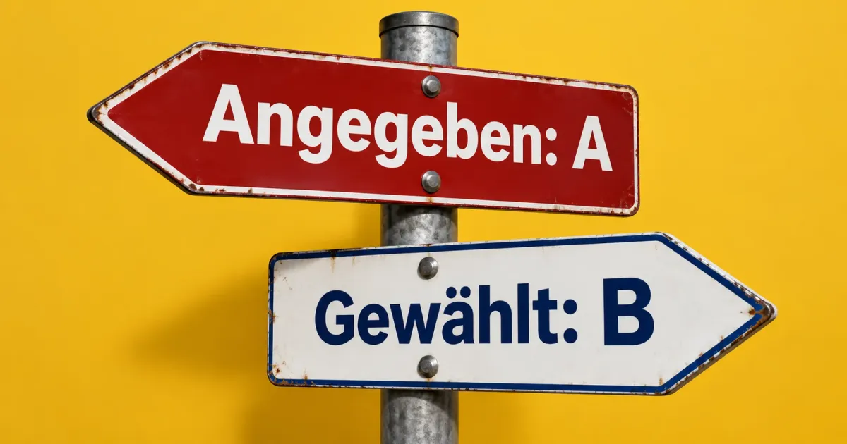 Bildmetapher: Wegweiser mit Angegeben A und Gewählt B zeigen in entgegengesetzte Richtungen.