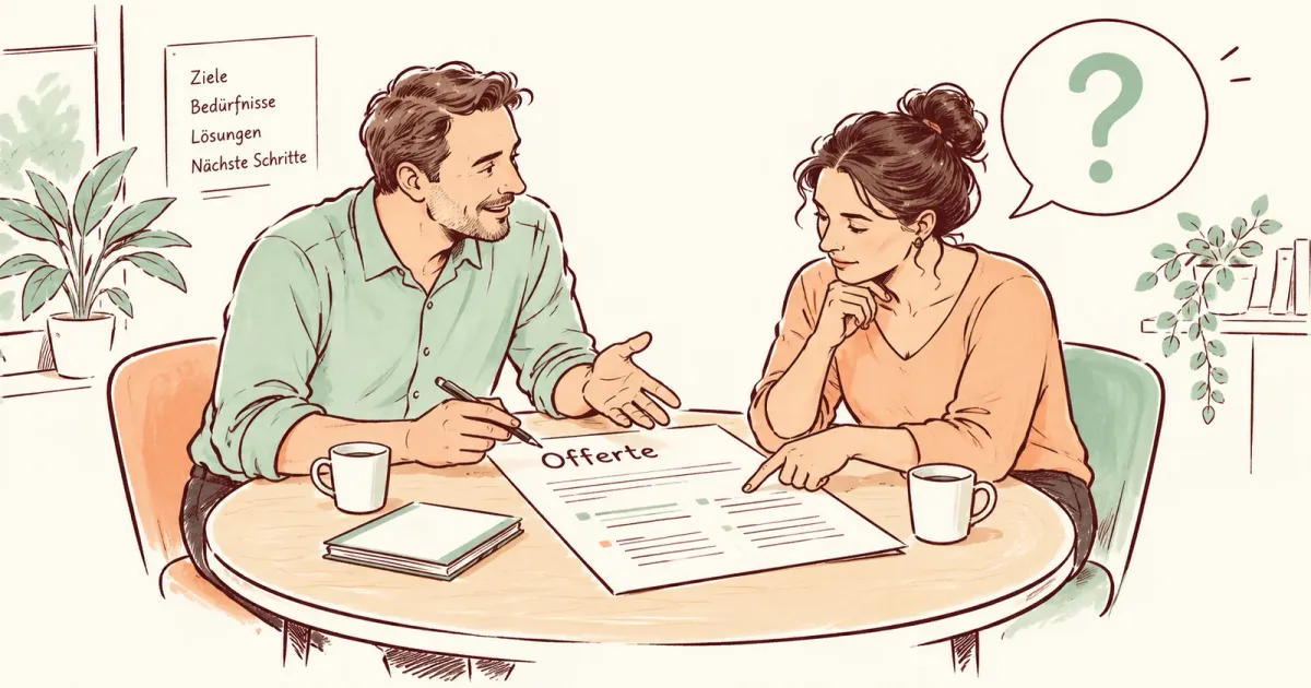 Illustration: Zwei Personen besprechen eine Offerte und klären eine offene Frage vor der Entscheidung.