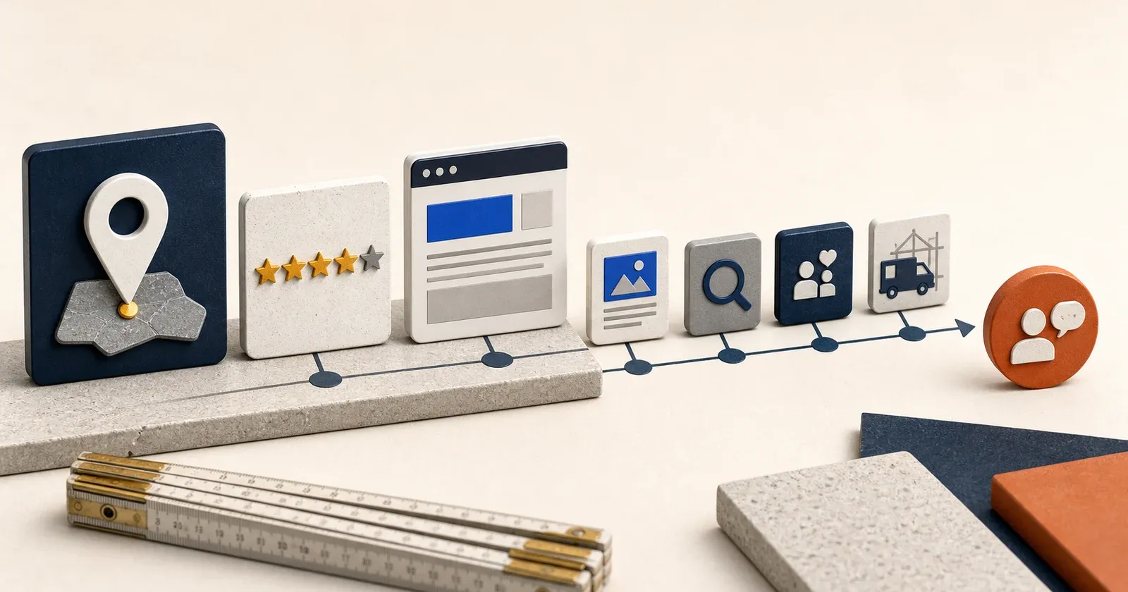Sieben Marketingkanäle führen auf einer Werkbank von Standort-Pin und Bewertungen zu einer Kundenanfrage