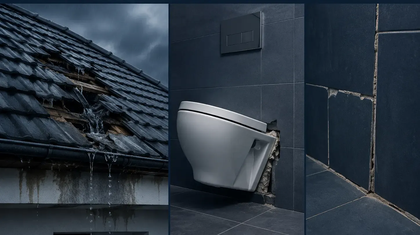 Mangelhafte Handwerksarbeit: undichtes Dach, schief montierte Toilette und unsauber verlegte Fliesen