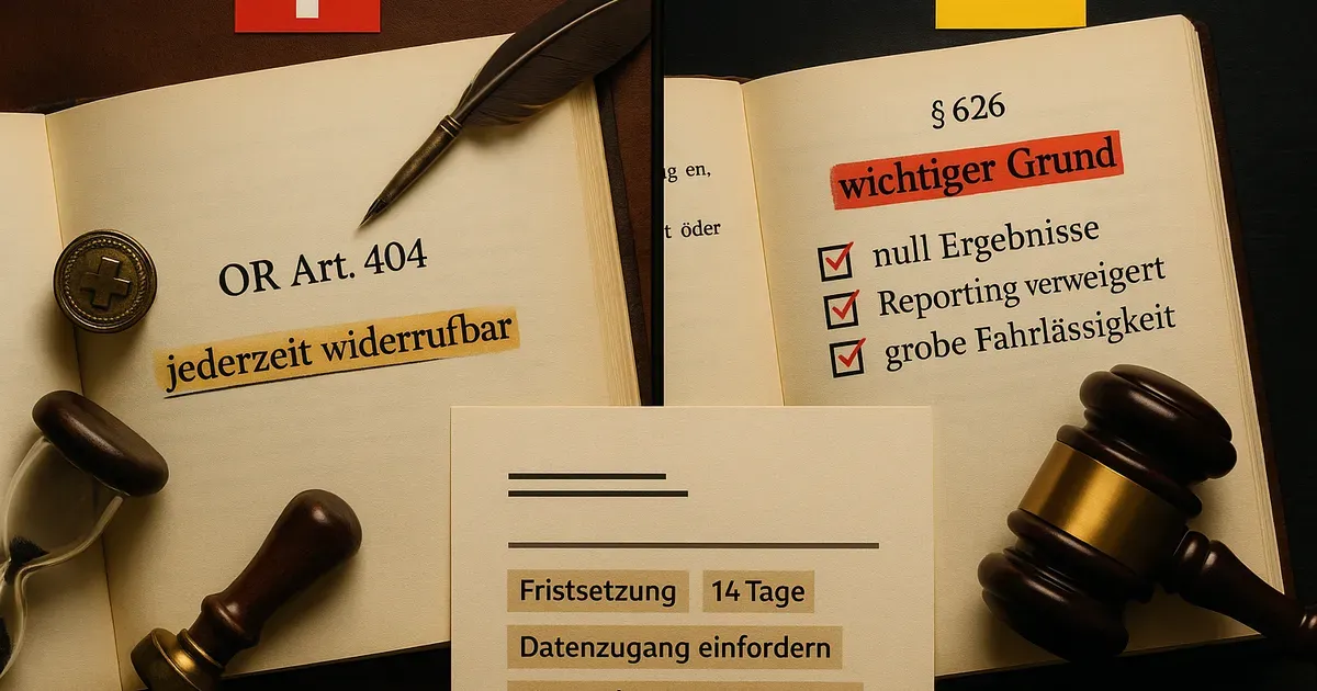 Geteiltes Bild: Schweizer Obligationenrecht mit Markierung bei Art. 404 neben deutschem BGB mit Kündigungscheckliste