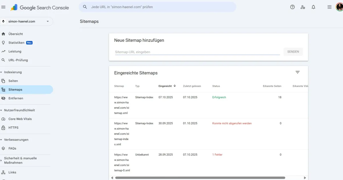 Sitemaps-Bericht der Search Console mit drei eingereichten Sitemaps: sitemap.xml erfolgreich gelesen, sitemap-index.xml konnte nicht abgerufen werden, sitemap-0.xml mit 1 Fehler