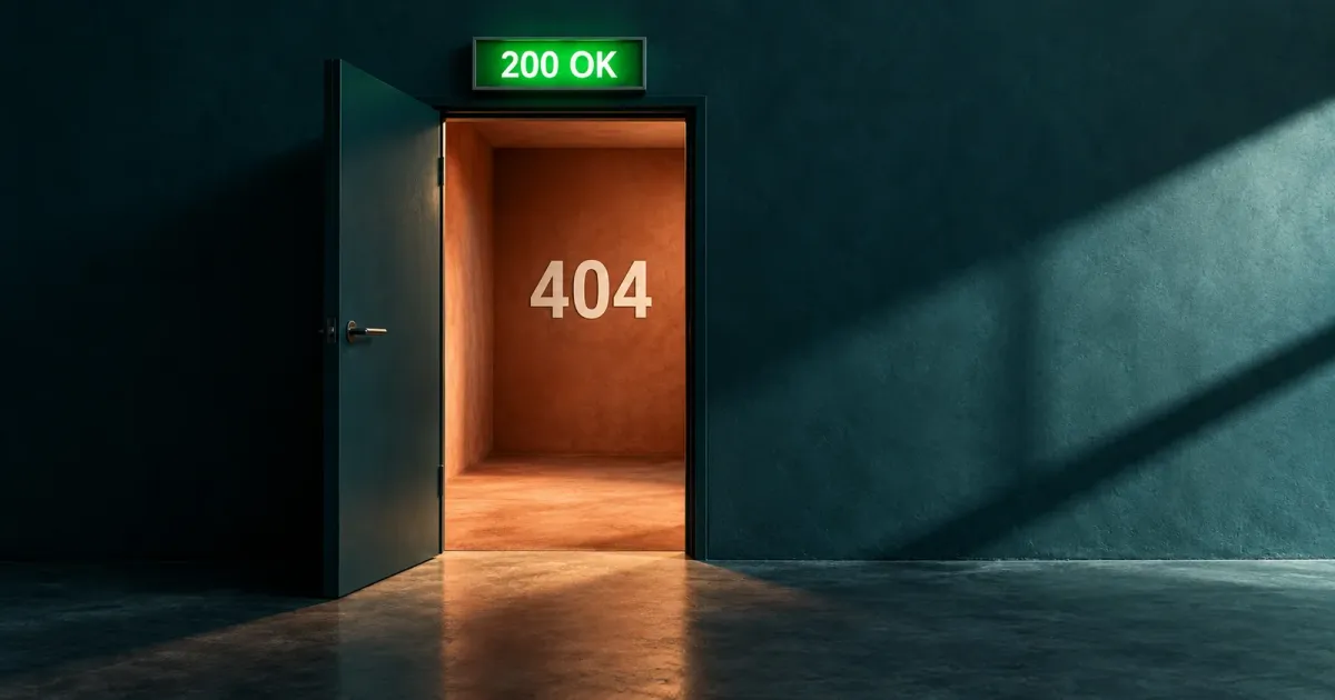 Bildmetapher für Soft 404: Eine Tür mit dem Schild 200 OK führt in einen leeren Raum mit der Aufschrift 404.