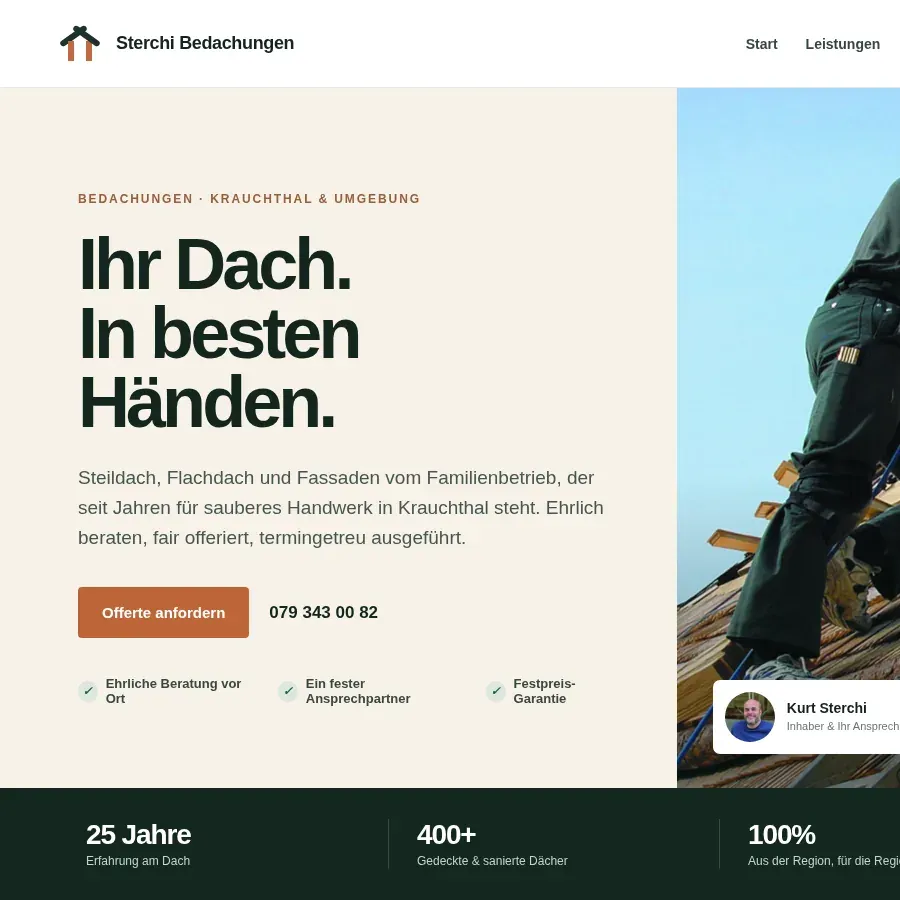 Detailansicht der Website von Sterchi Bedachungen