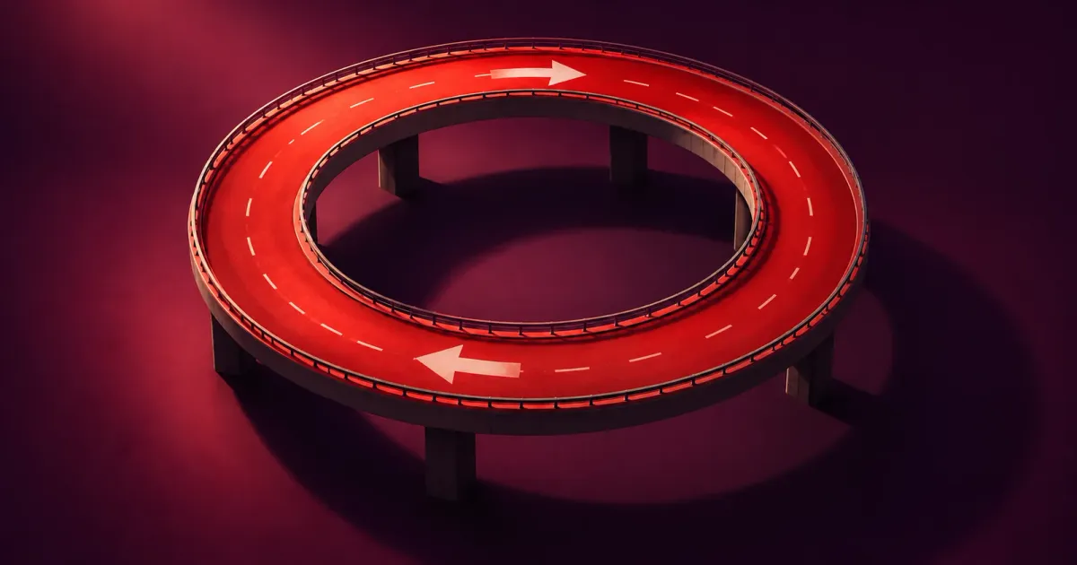Bildmetapher für eine Weiterleitungsschleife: Eine rote Ringstrasse mit Pfeilen hat keine Ausfahrt.