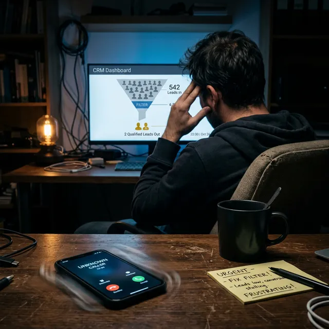 Frustrierter IT-Unternehmer am Schreibtisch bei Nacht mit vibrierendem Telefon und CRM-Dashboard — MSP Marketing Leads