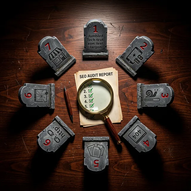 Sieben Grabstein-Warnschilder auf dunklem Schreibtisch mit Lupe und SEO-Audit-Checkliste — MSP Website Fehler