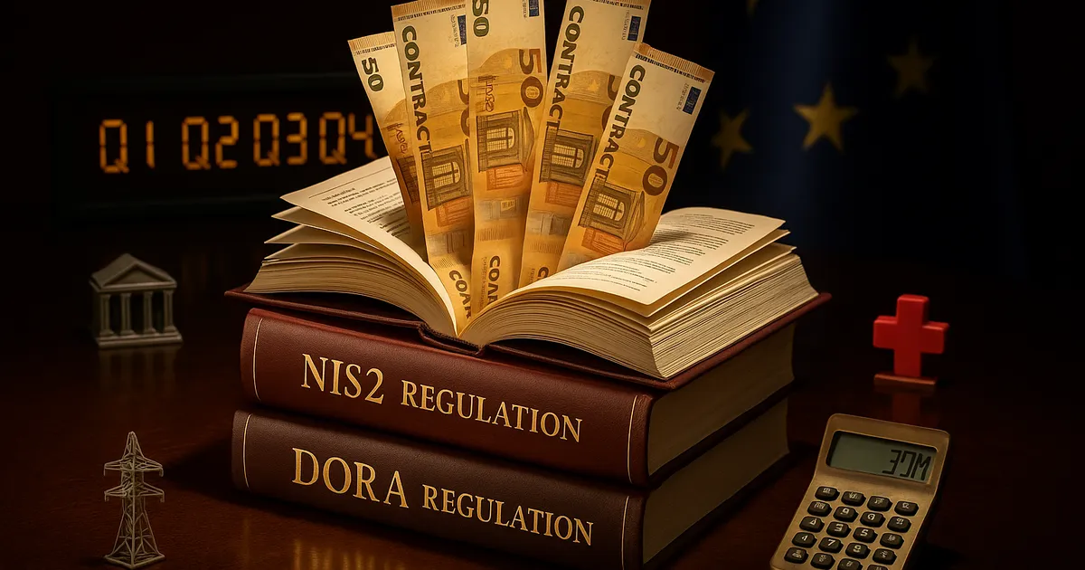 NIS2 MSP: EU-Regulierungswerke DORA und NIS2 auf Schreibtisch — Regulatorik als Umsatz-Chance
