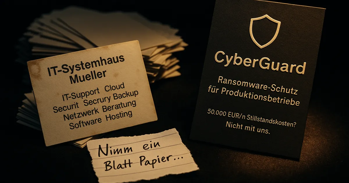 Generische Visitenkarte vs. spezialisierte CyberGuard-Karte auf dunklem Samt — Marketing IT-Systemhäuser