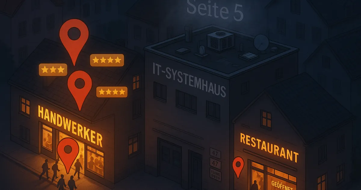 Lokales SEO IT-Systemhaus: Stadtblock mit Google-Maps-Pins bei Handwerker vs. unsichtbares Systemhaus