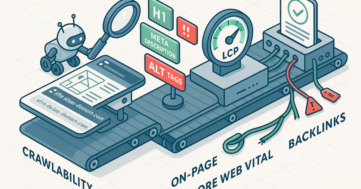 SEO-Audit für IT-Unternehmen: 4-Schritt-Fliessbandillustration mit Crawlability, On-Page und CWV