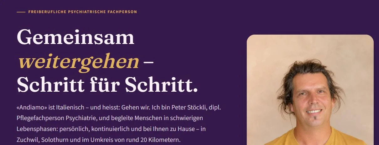 Ausschnitt der Andiamo-Website mit violettem Hintergrund, grosser Überschrift und Porträt von Peter Stöckli