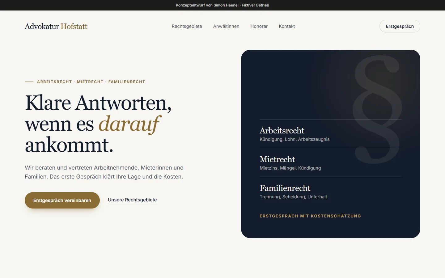 Konzeptentwurf der Website einer Kanzlei: Überschrift «Klare Antworten, wenn es darauf ankommt» und die Rechtsgebiete Arbeitsrecht, Mietrecht und Familienrecht, gezeigt auf Computer und Smartphone