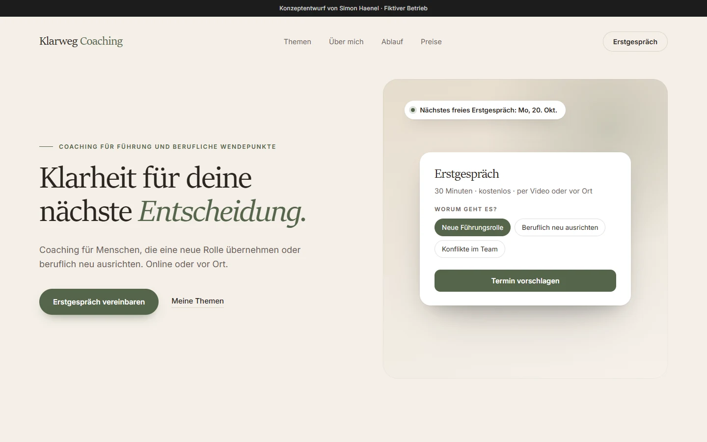 Konzeptentwurf der Website einer Coaching-Praxis: Überschrift «Klarheit für deine nächste Entscheidung» und eine Karte zur Buchung des Erstgesprächs, gezeigt auf Computer und Smartphone