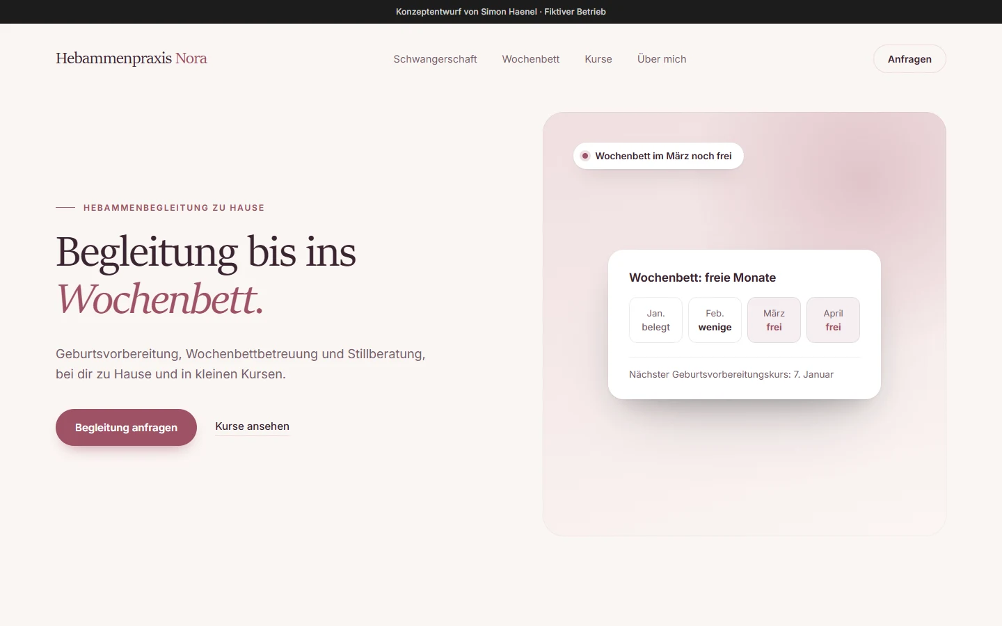 Konzeptentwurf der Website einer Hebammenpraxis: Überschrift «Begleitung bis ins Wochenbett» und eine Übersicht der freien Monate, gezeigt auf Computer und Smartphone