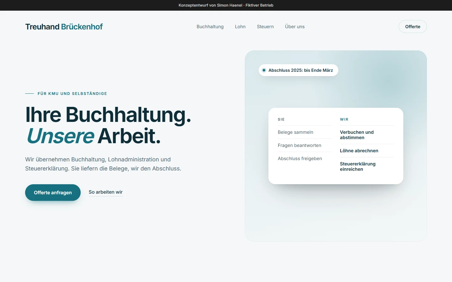 Konzeptentwurf der Website eines Treuhandbüros: Überschrift «Ihre Buchhaltung. Unsere Arbeit.» und eine Gegenüberstellung, was Kunden abgeben, gezeigt auf Computer und Smartphone