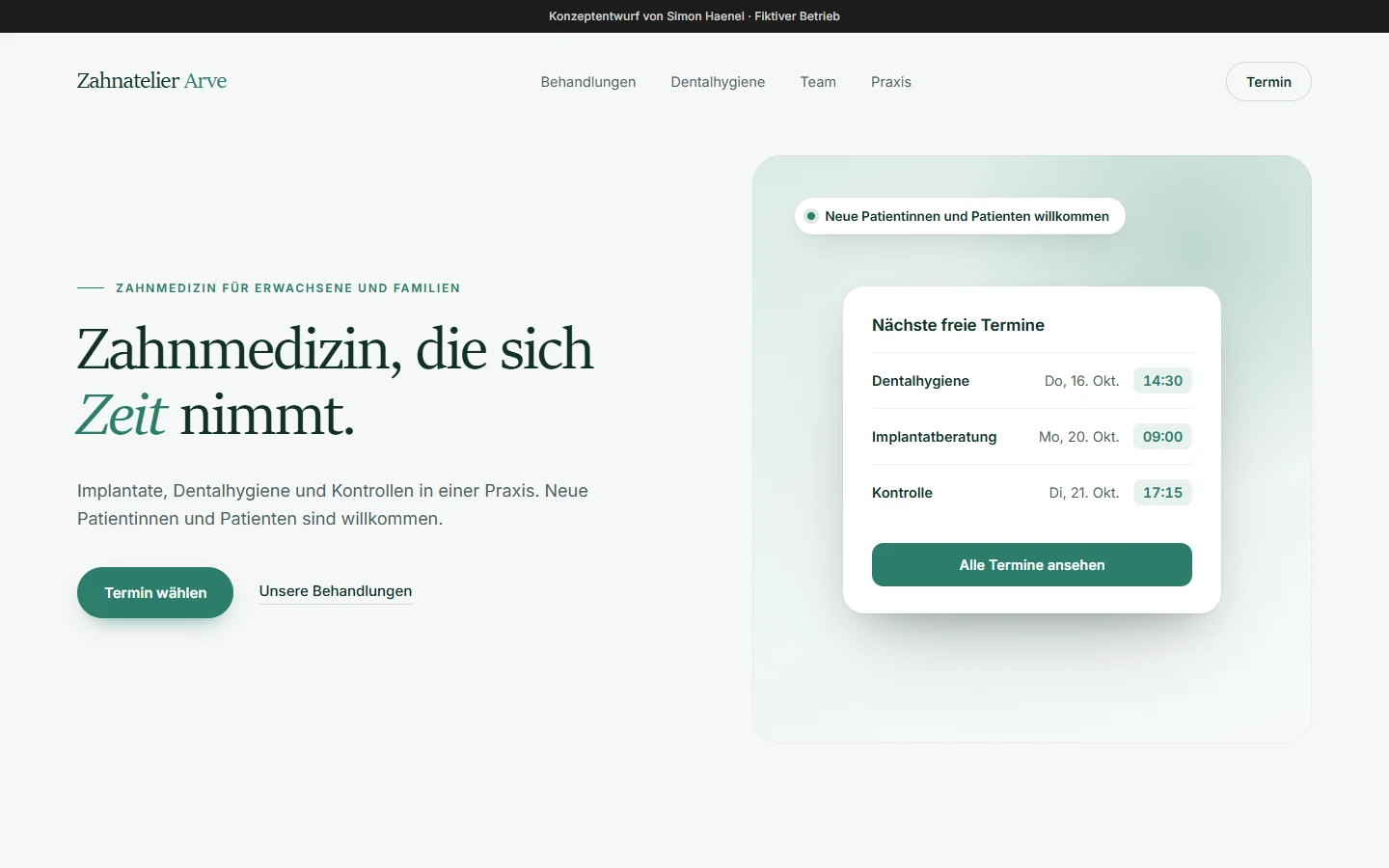 Konzeptentwurf der Website einer Zahnarztpraxis: Überschrift «Zahnmedizin, die sich Zeit nimmt» und eine Karte mit den nächsten freien Terminen, gezeigt auf Computer und Smartphone