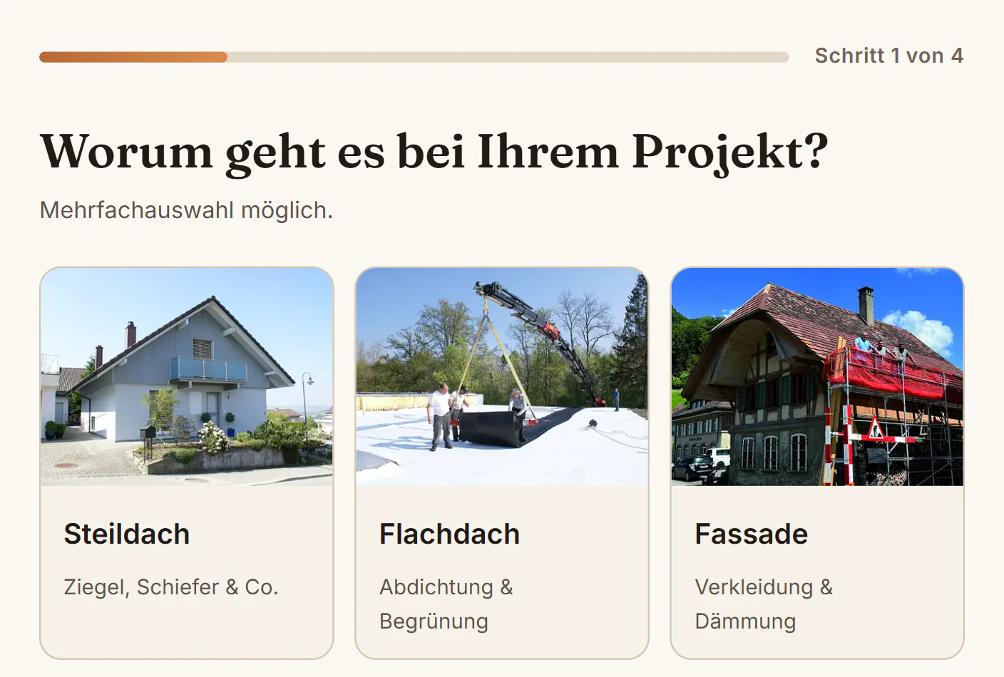 Originalausschnitt des Sterchi-Offertenwegs: Die erste Auswahl unterscheidet Steildach, Flachdach und Fassade anhand von Bildern und kurzen Beschreibungen
