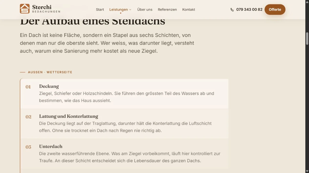 Die Sterchi-Website erklärt den Dachaufbau mit einer Schnittdarstellung und den Aufgaben der einzelnen Schichten.