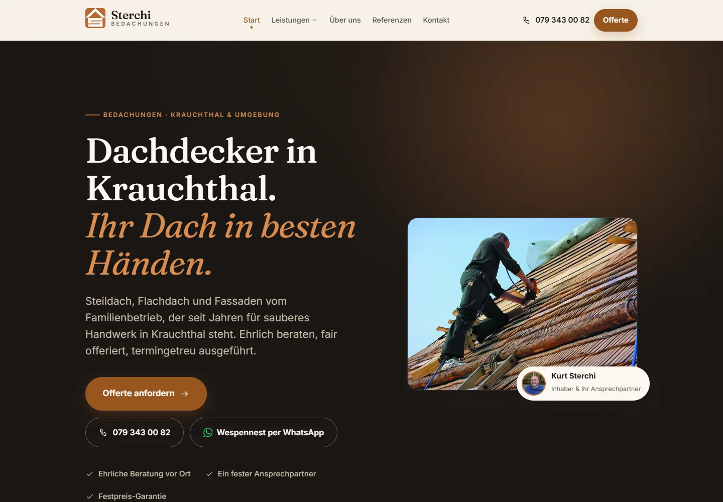 Startseite von Sterchi Bedachungen mit Dachdeckerfoto und direktem Weg zur Offerte